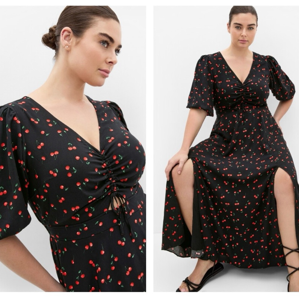 City Chic Aliya Black Maxi Dress with Cherry Print
